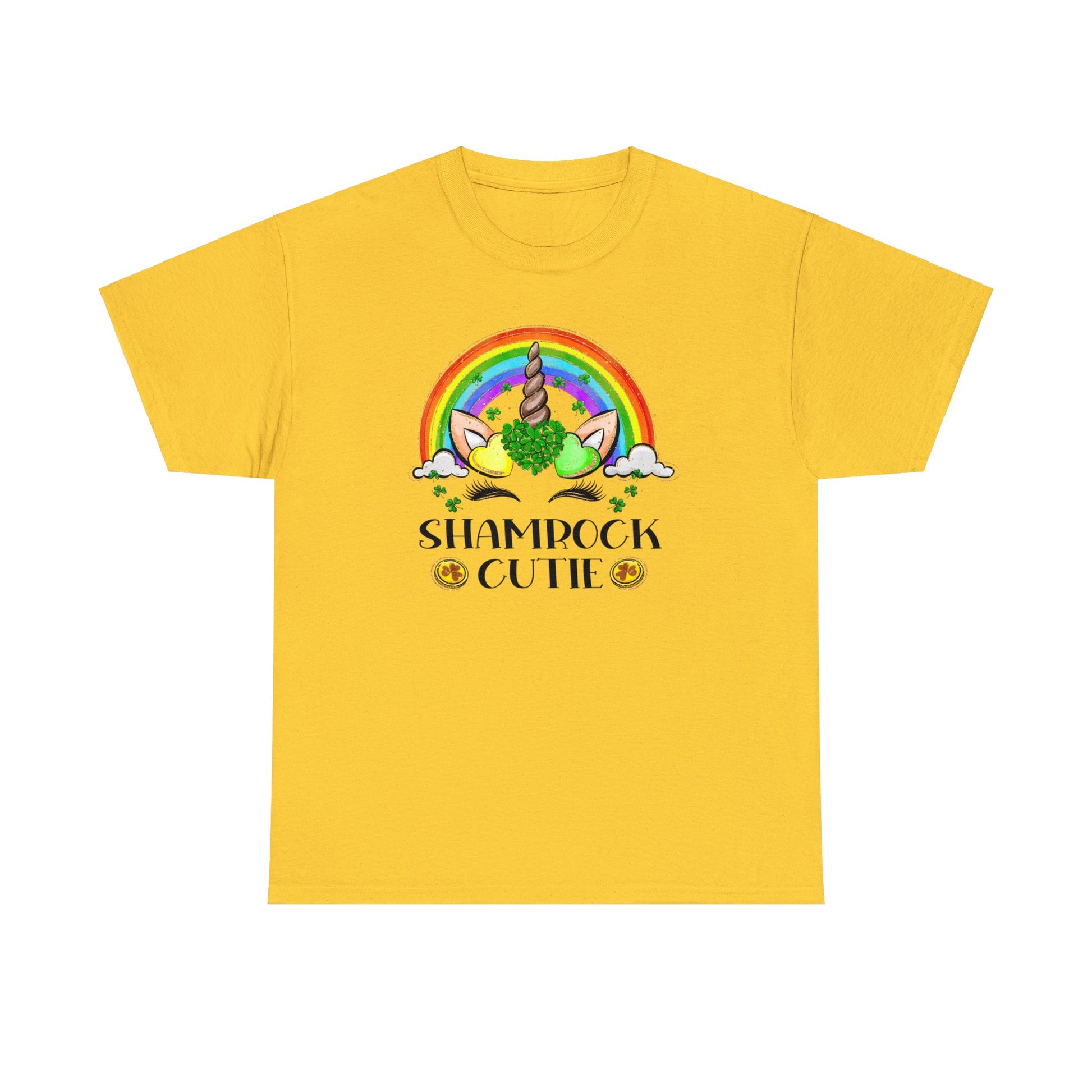 Daisy color St. Patrick's Day T-Shirt with a rainbow surrounding a unicorn with hearts at the base of the horn one made up of shamrocks and the words Shamrock Cutie under the unicorn face.