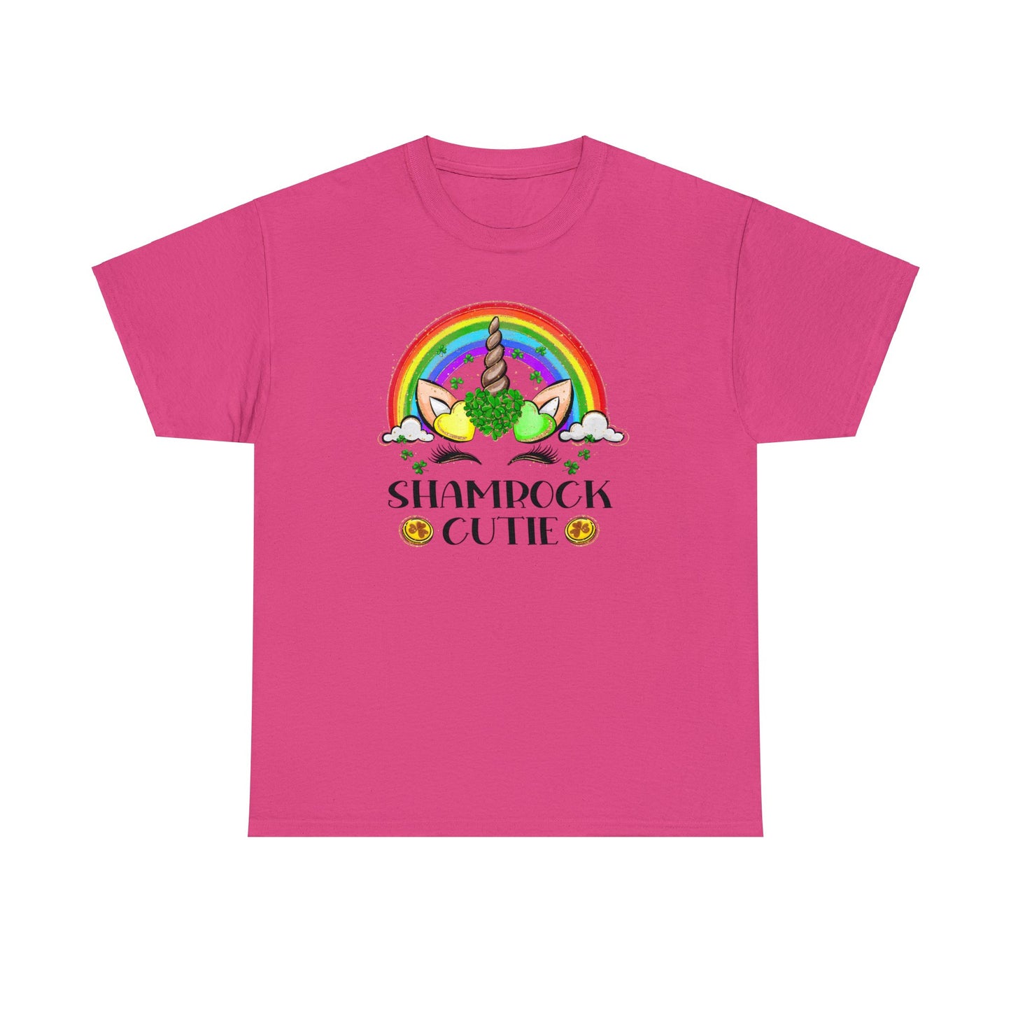 Heliconia color St. Patrick's Day T-Shirt with a rainbow surrounding a unicorn with hearts at the base of the horn one made up of shamrocks and the words Shamrock Cutie under the unicorn face.