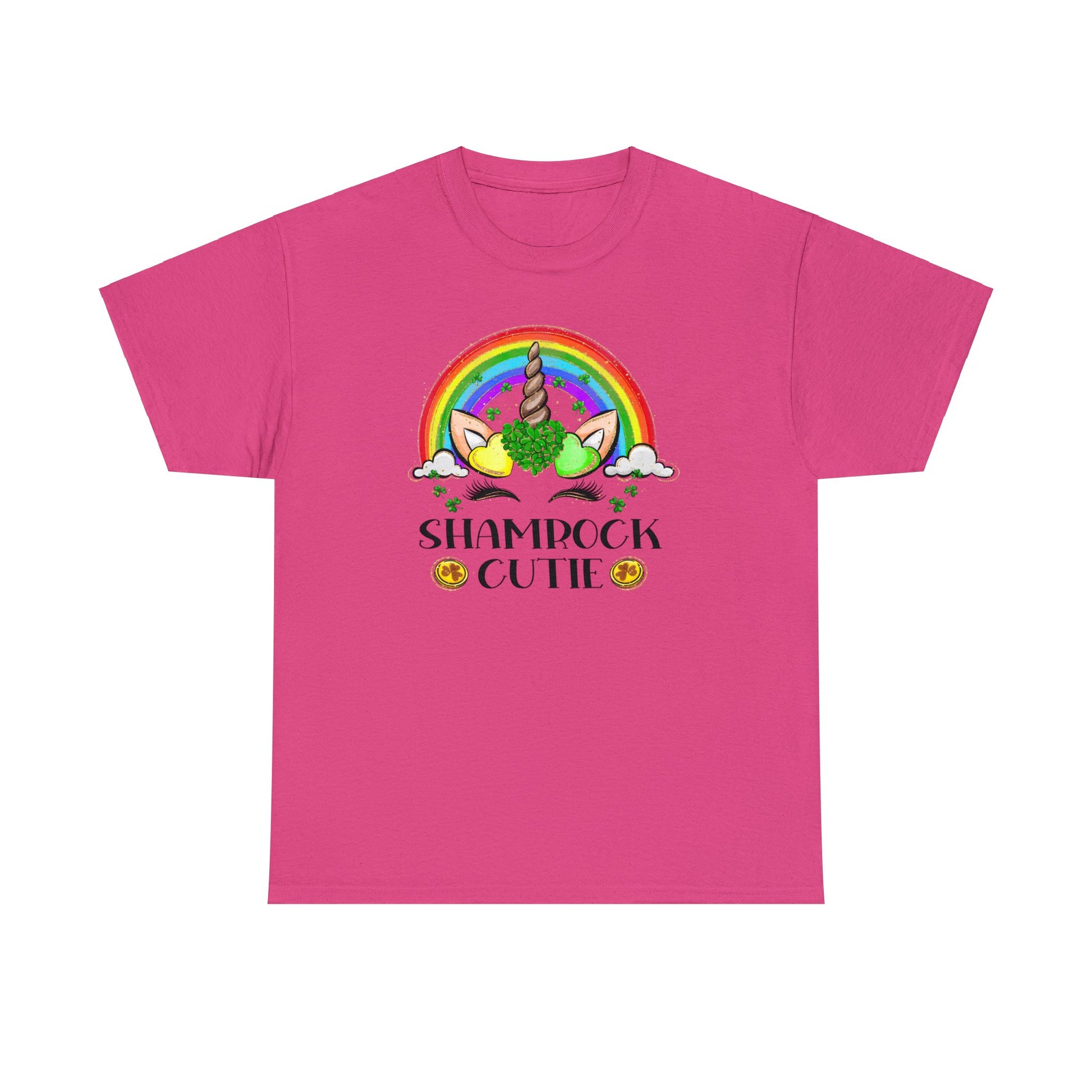 Heliconia color St. Patrick's Day T-Shirt with a rainbow surrounding a unicorn with hearts at the base of the horn one made up of shamrocks and the words Shamrock Cutie under the unicorn face.