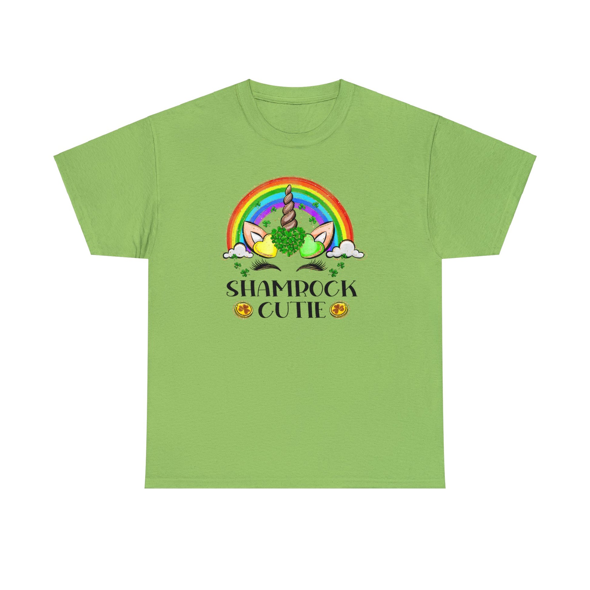 Lime color St. Patrick's Day T-Shirt with a rainbow surrounding a unicorn with hearts at the base of the horn one made up of shamrocks and the words Shamrock Cutie under the unicorn face.