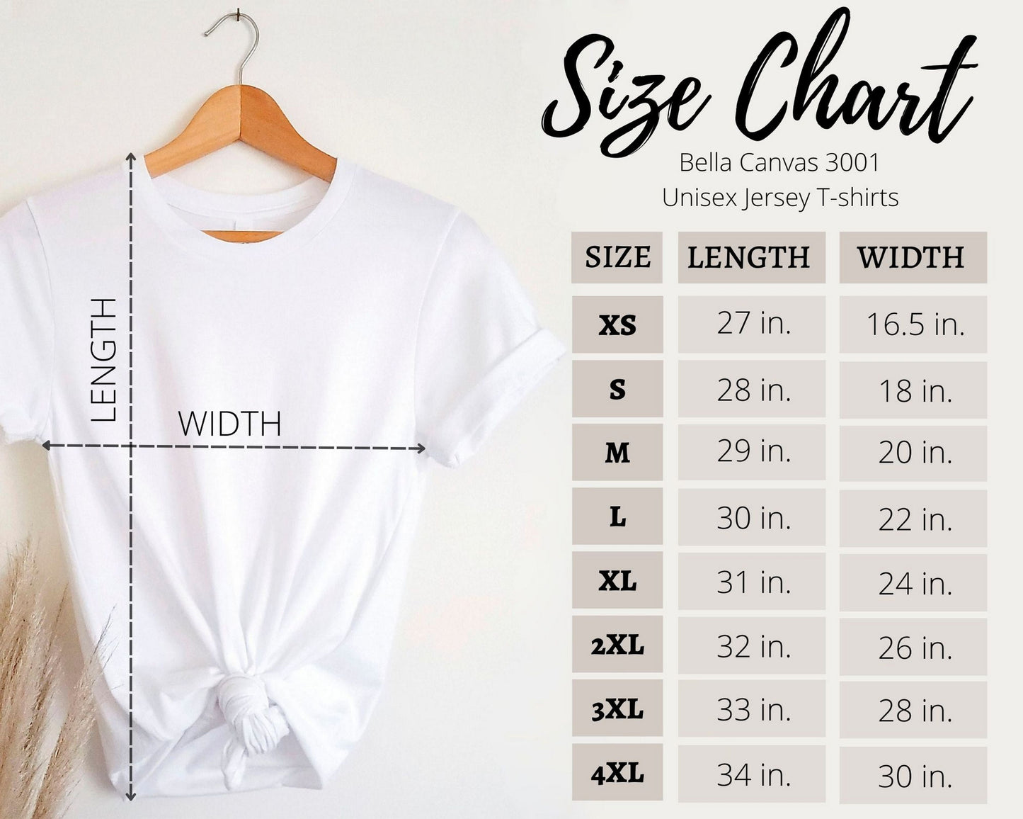 Size Chart for Bella Canvas 3001 Shirt for assistance in sizing for ordering