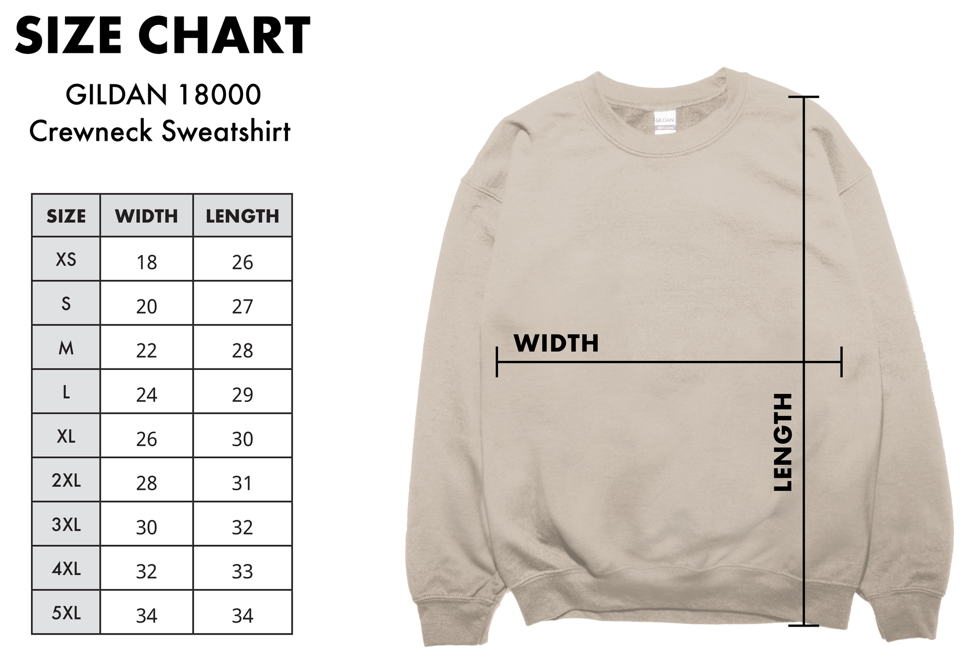 Size chart for Gildan 18000 crewneck sweatshirt to assist with sizing for ordering