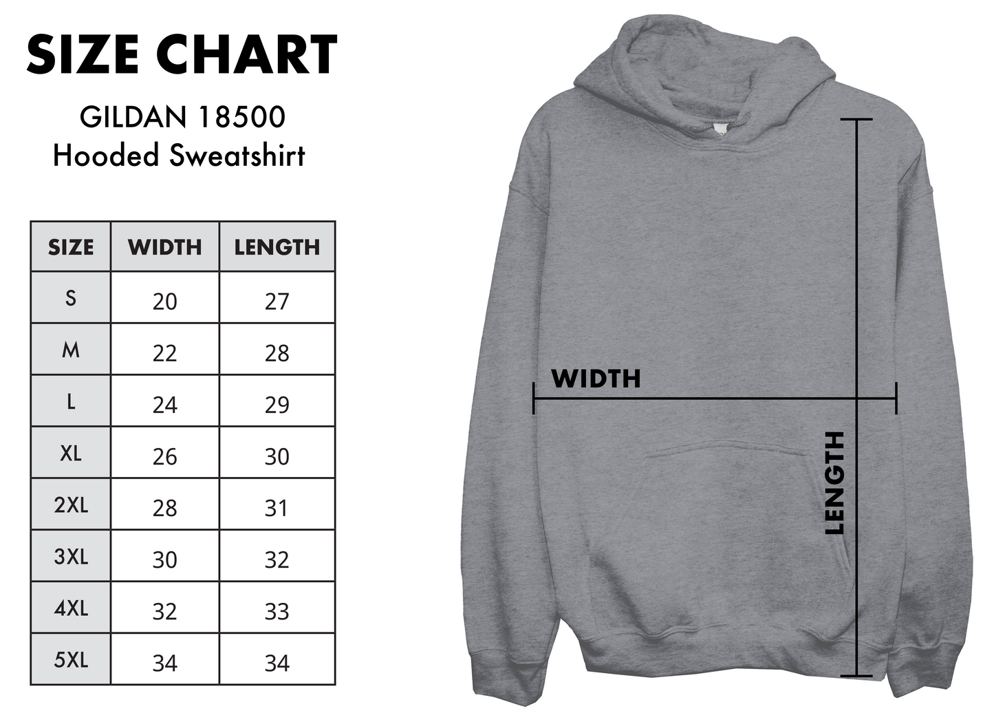 Sizing chart for the Gildan 18500 hoodie sweatshirt to assist with correct sizing for ordering