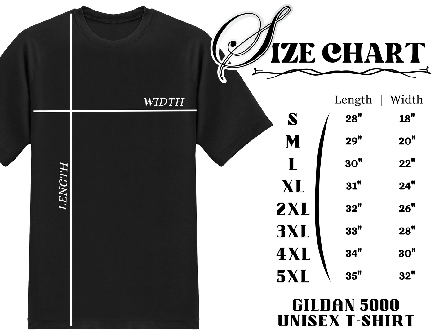 Sizing chart for Gildan 5000 t-shirt for assistance in sizing for ordering