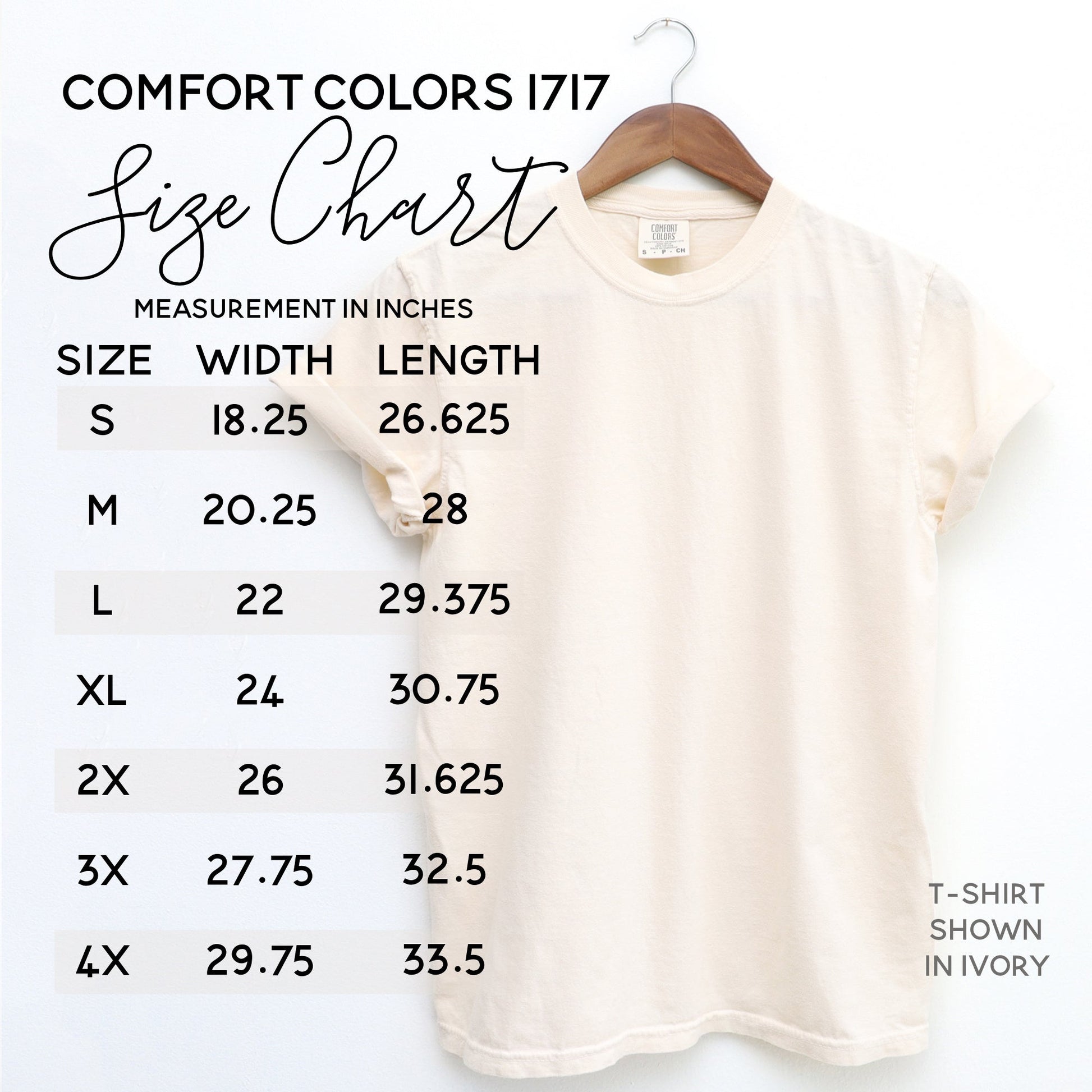 Size chart for comfort colors t-shirt to assist with choosing proper sizing for your order