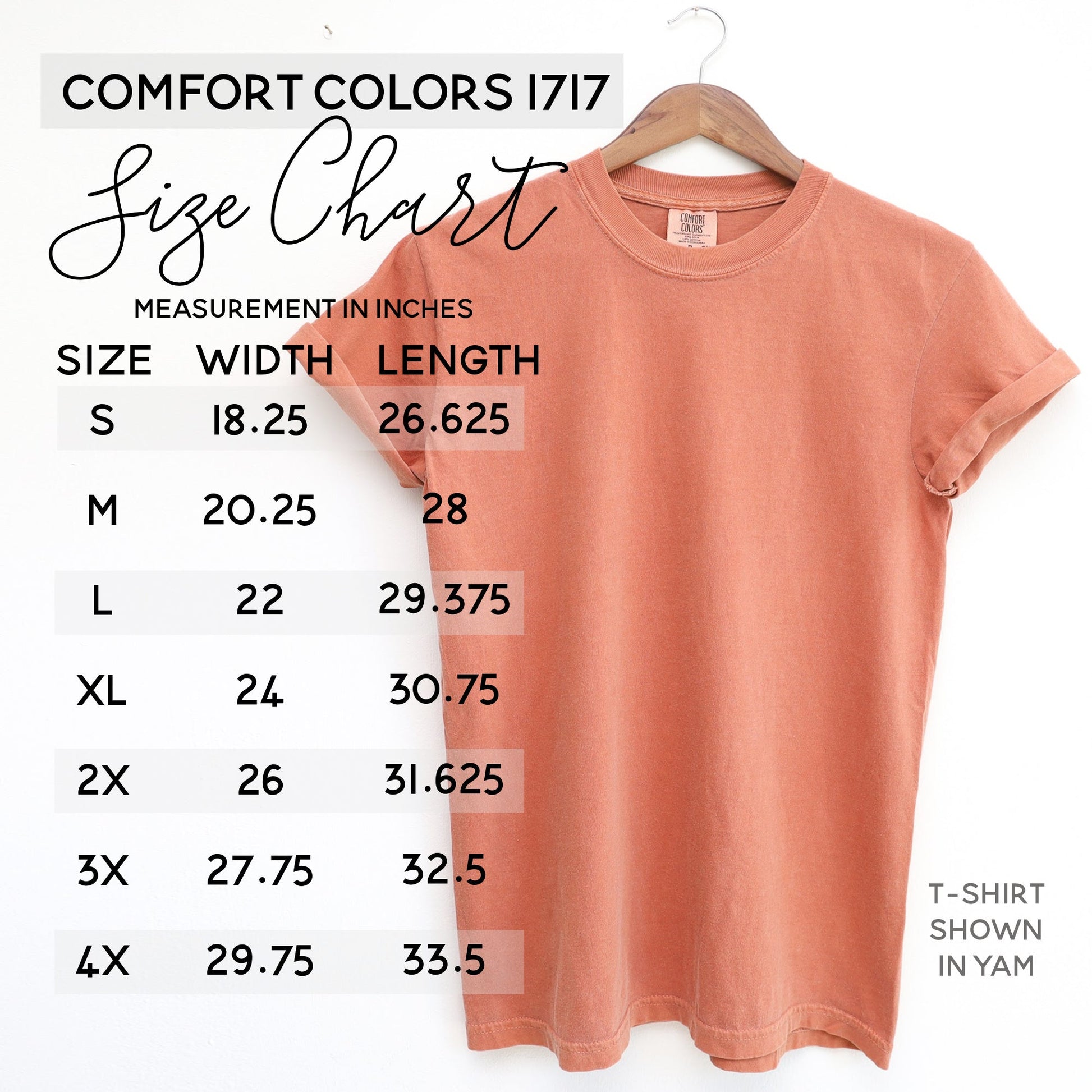 Comfort Colors size chart to assist with choosing correct sizing for ordering