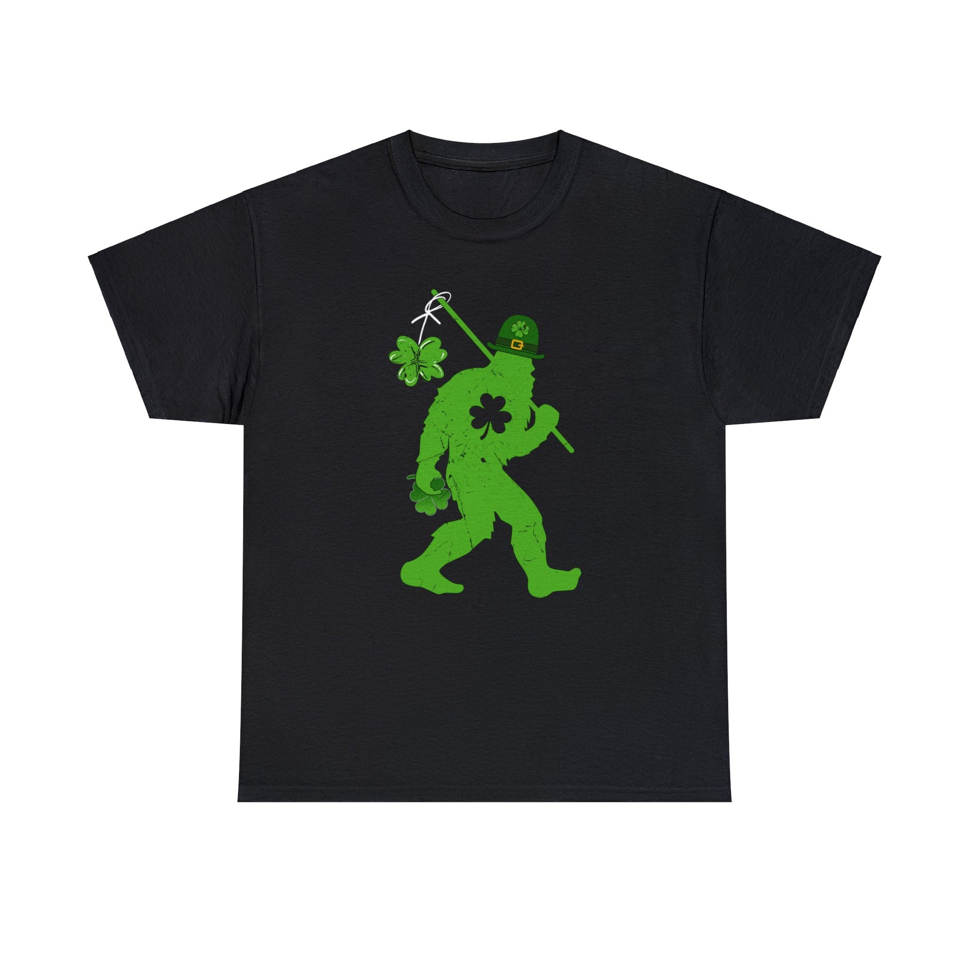 Black color St. Patrick's Day T-shirt with bigfoot wearing a leprechaun hat carrying a fishing pole with a shamrock attached to it.