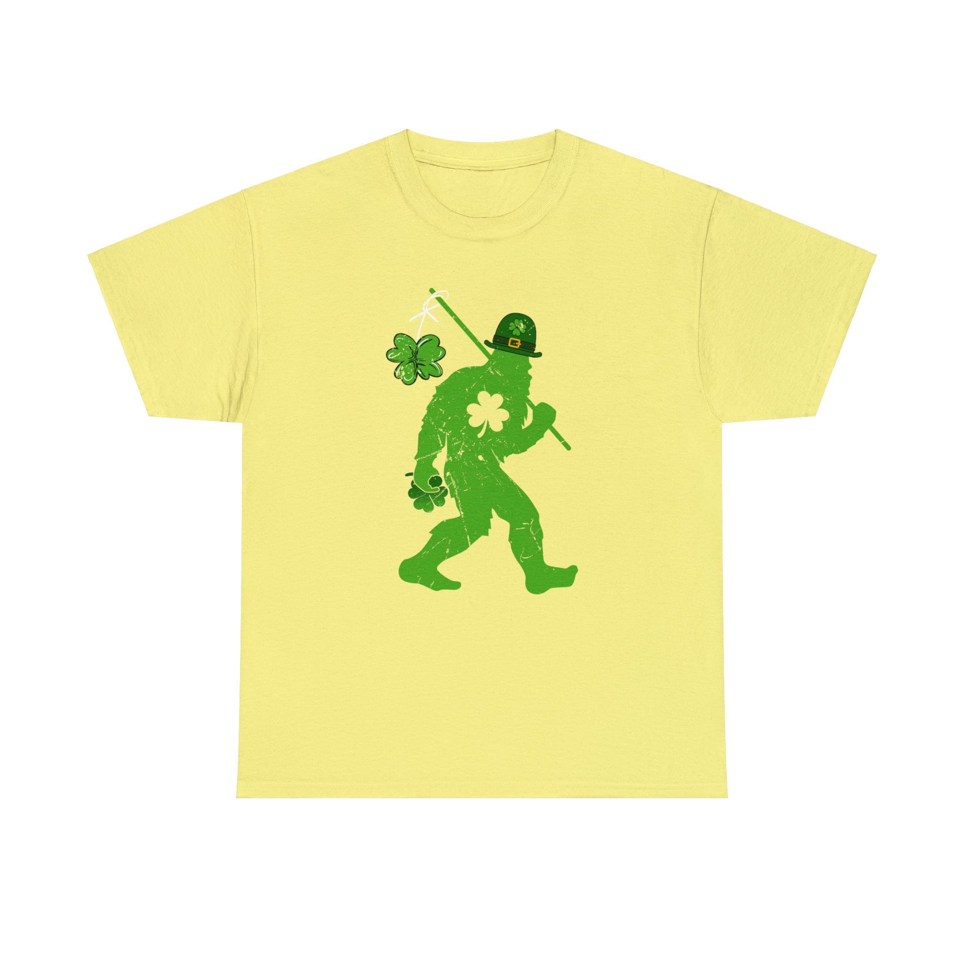 Cornsilk color St. Patrick's Day T-shirt with bigfoot wearing a leprechaun hat carrying a fishing pole with a shamrock attached to it.