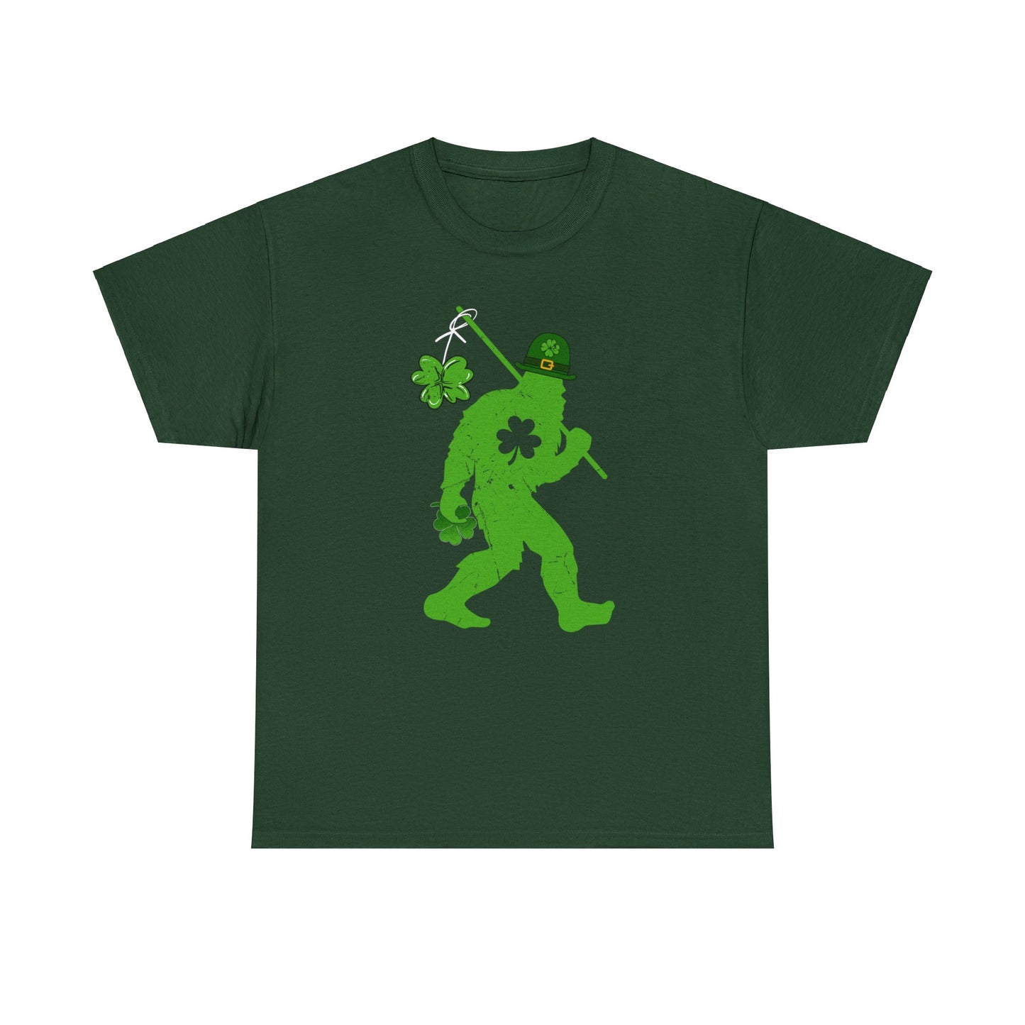 Forest Green color St. Patrick's Day T-shirt with bigfoot wearing a leprechaun hat carrying a fishing pole with a shamrock attached to it.