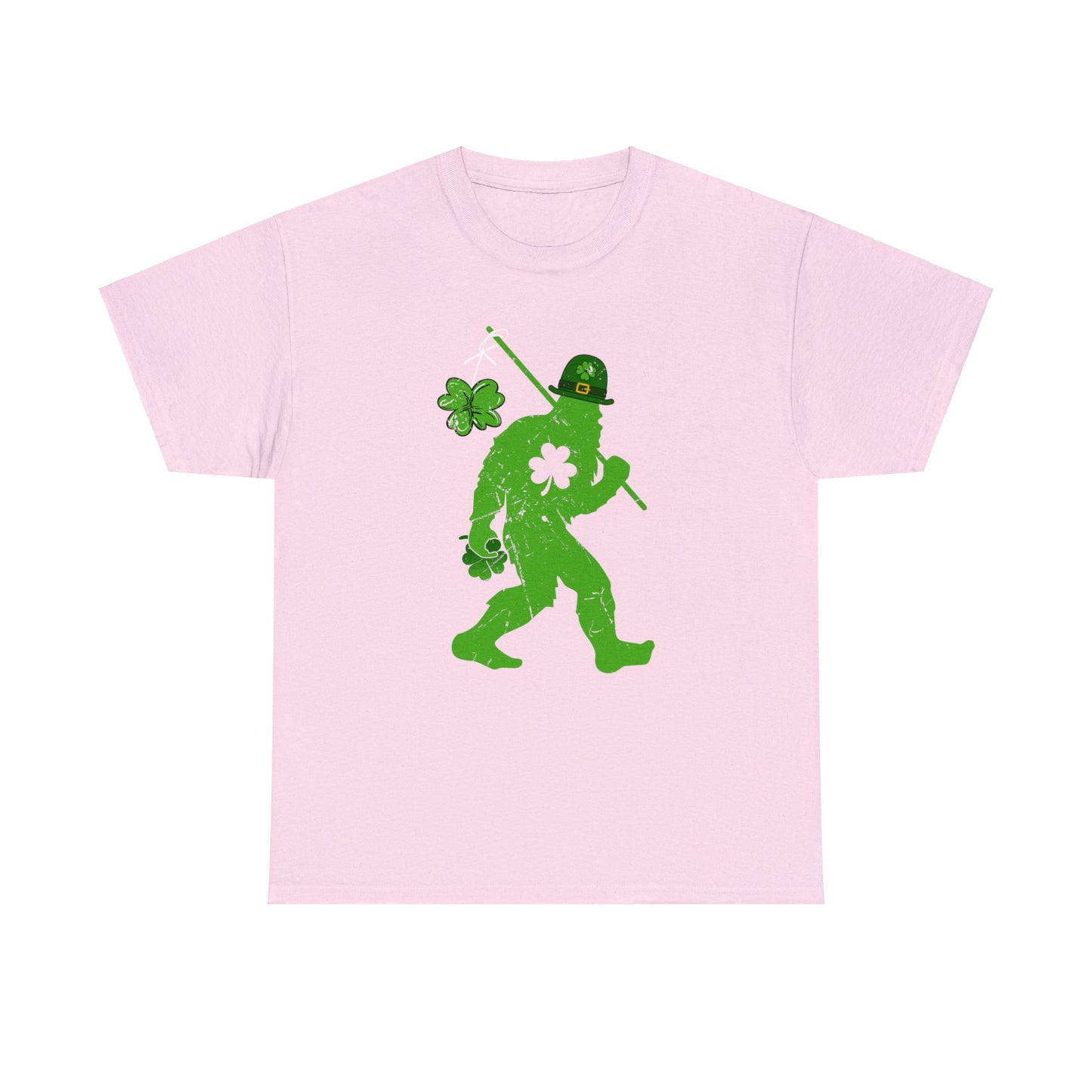 Light Pink color St. Patrick's Day T-shirt with bigfoot wearing a leprechaun hat carrying a fishing pole with a shamrock attached to it.