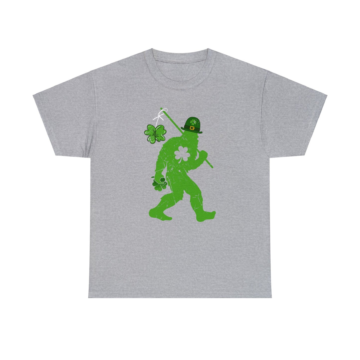 Sport Grey color St. Patrick's Day T-shirt with bigfoot wearing a leprechaun hat carrying a fishing pole with a shamrock attached to it.