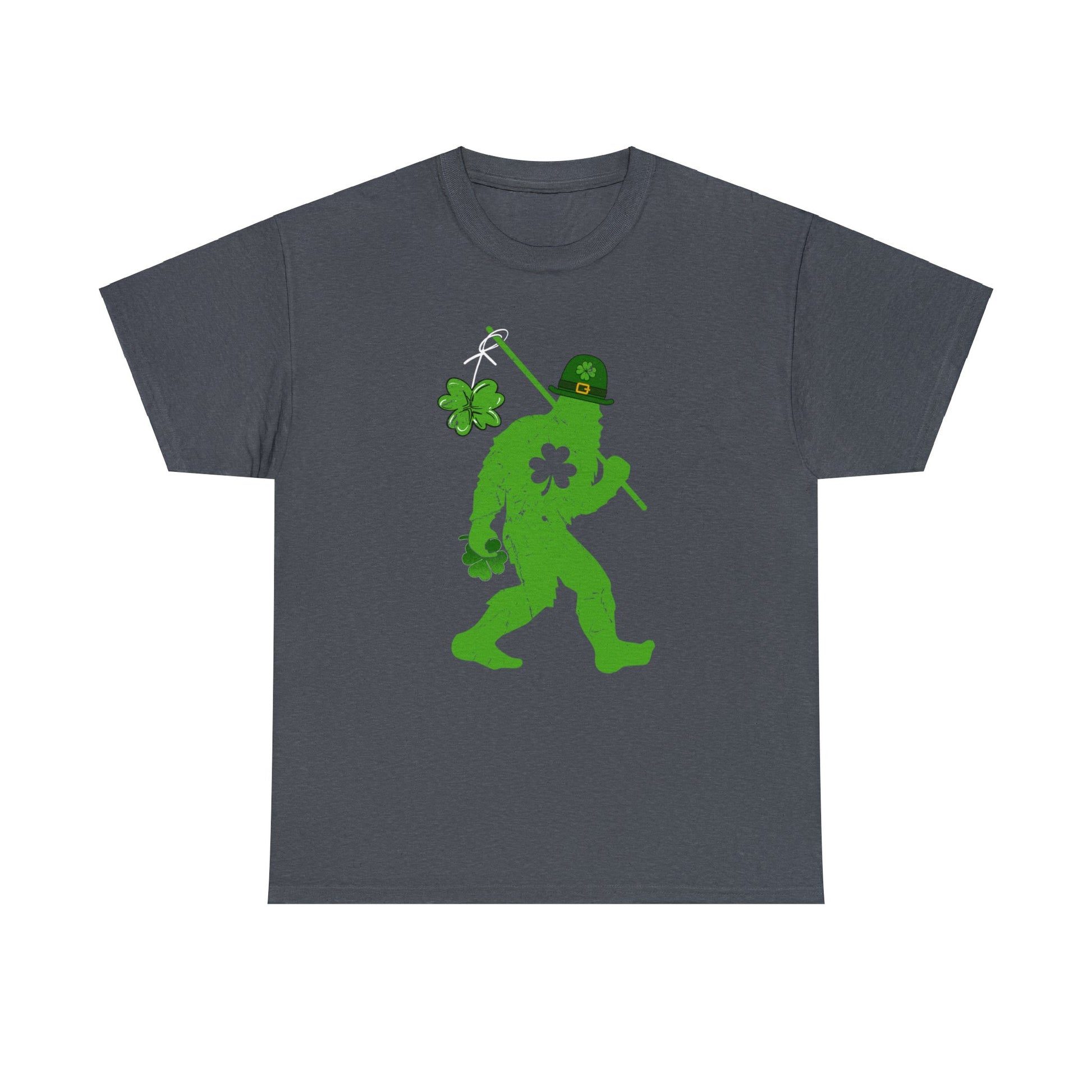 Tweed color St. Patrick's Day T-shirt with bigfoot wearing a leprechaun hat carrying a fishing pole with a shamrock attached to it.