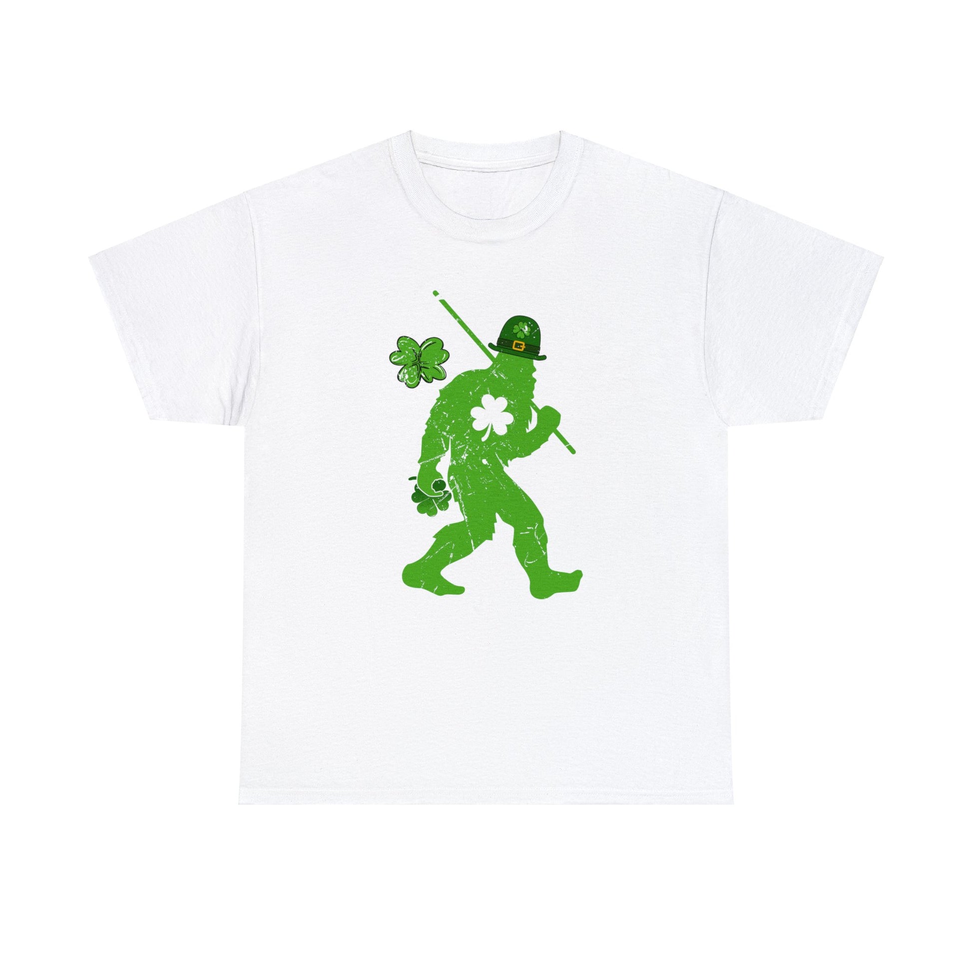 White color St. Patrick's Day T-shirt with bigfoot wearing a leprechaun hat carrying a fishing pole with a shamrock attached to it.