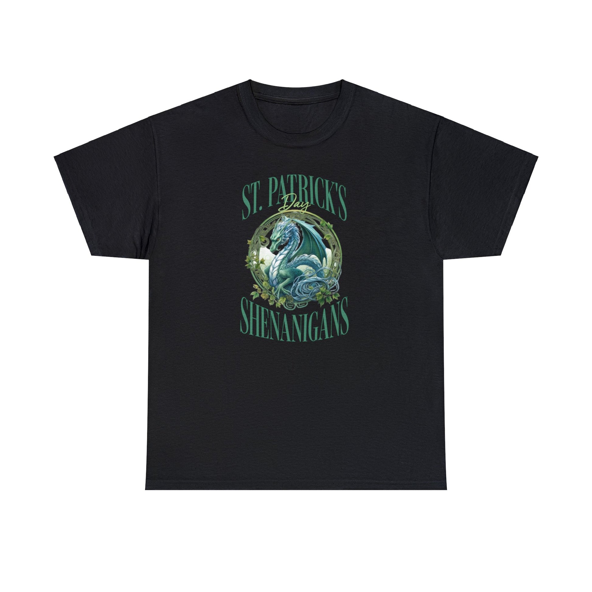 Black Color St. Patrick's T-shirt with a stunning dragon at the center of the graphic surrounded by the words "St. Patrick's Day Shenanigans".