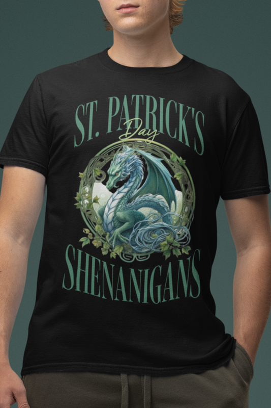 Black Color St. Patrick's T-shirt with a stunning dragon at the center of the graphic surrounded by the words "St. Patrick's Day Shenanigans". Male Mock- up.