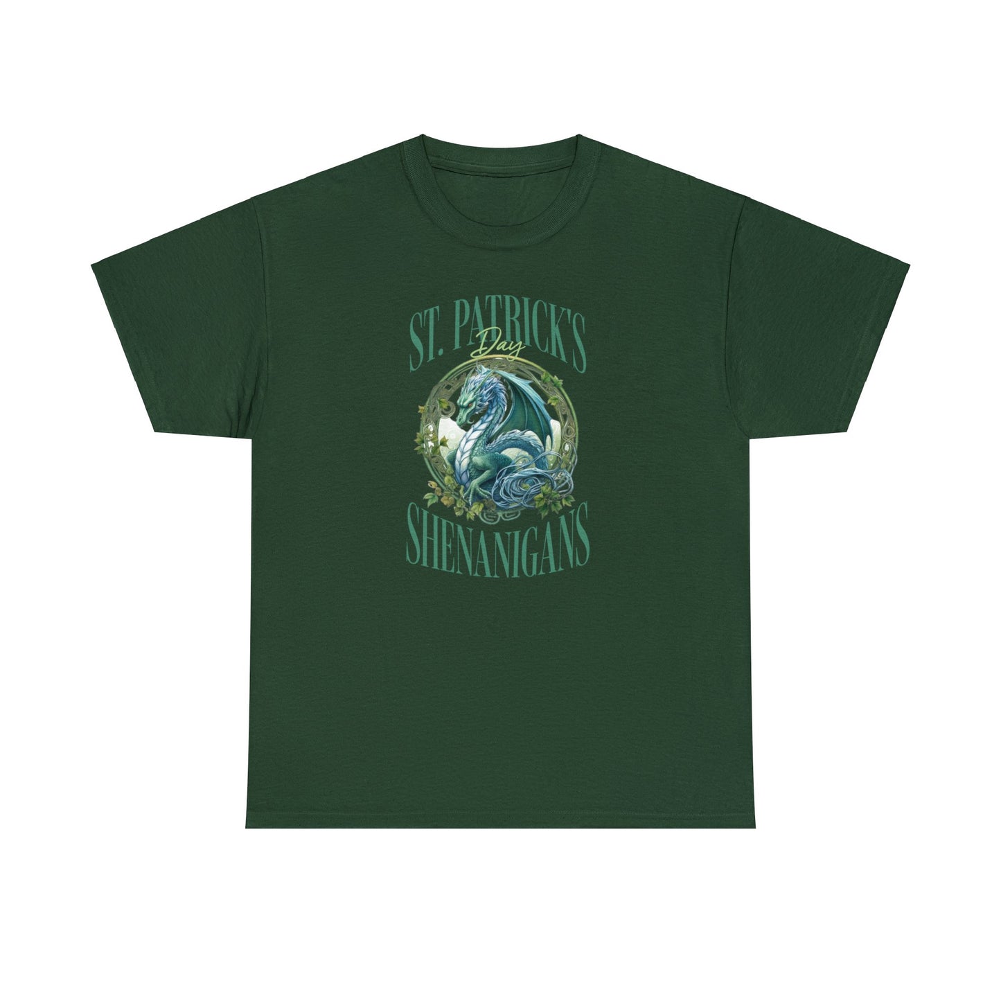 Forest Green Color St. Patrick's T-shirt with a stunning dragon at the center of the graphic surrounded by the words "St. Patrick's Day Shenanigans".