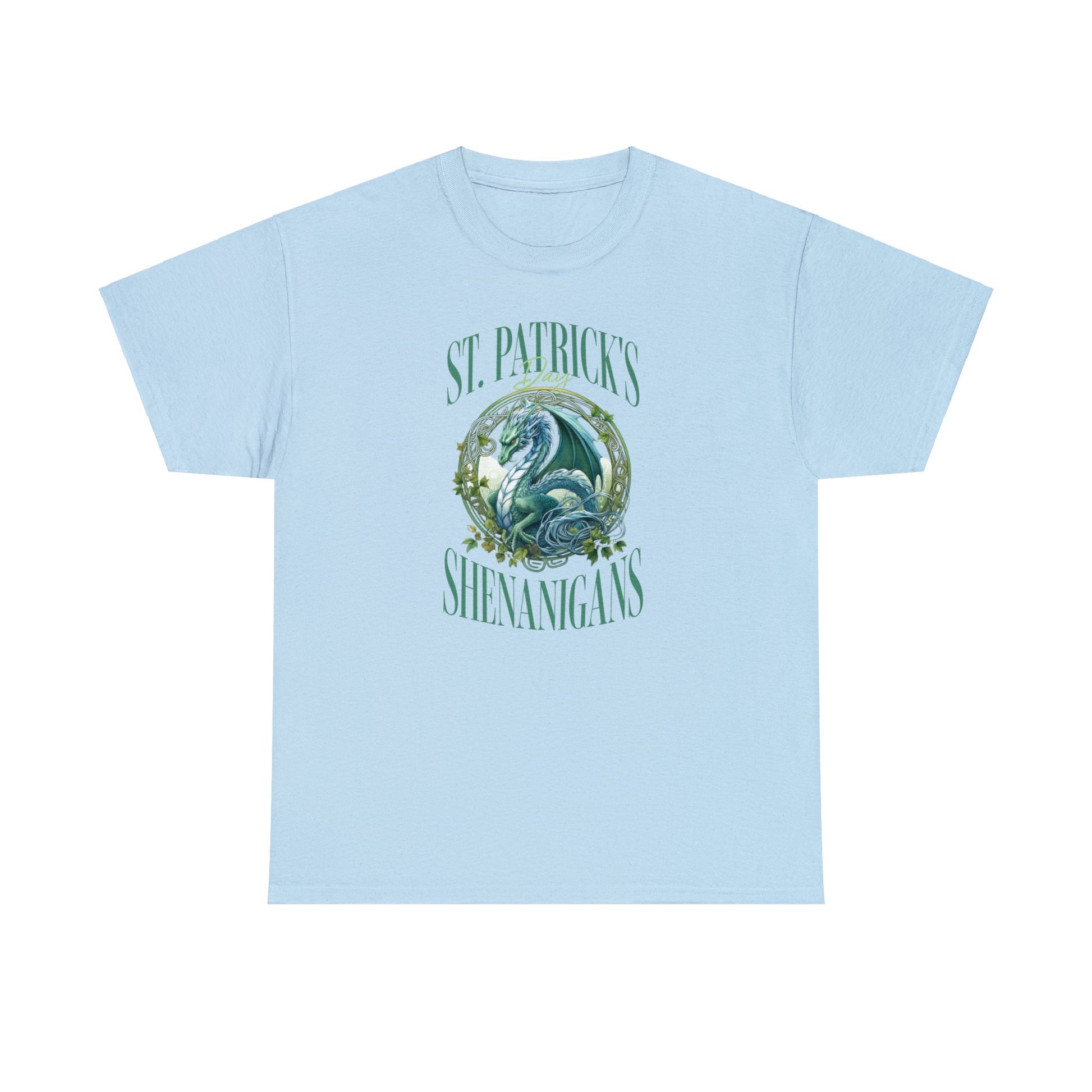 Light Blue Color St. Patrick's T-shirt with a stunning dragon at the center of the graphic surrounded by the words "St. Patrick's Day Shenanigans".