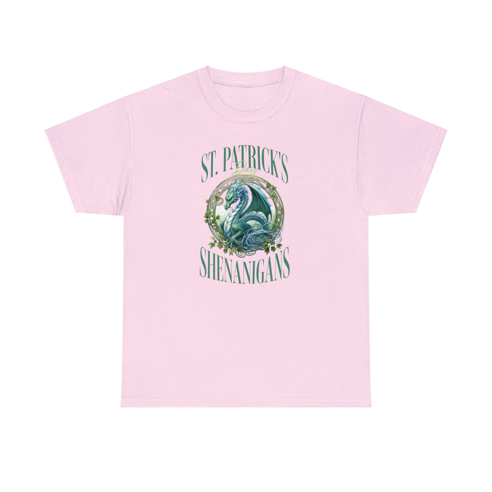 Light Pink Color St. Patrick's T-shirt with a stunning dragon at the center of the graphic surrounded by the words "St. Patrick's Day Shenanigans".