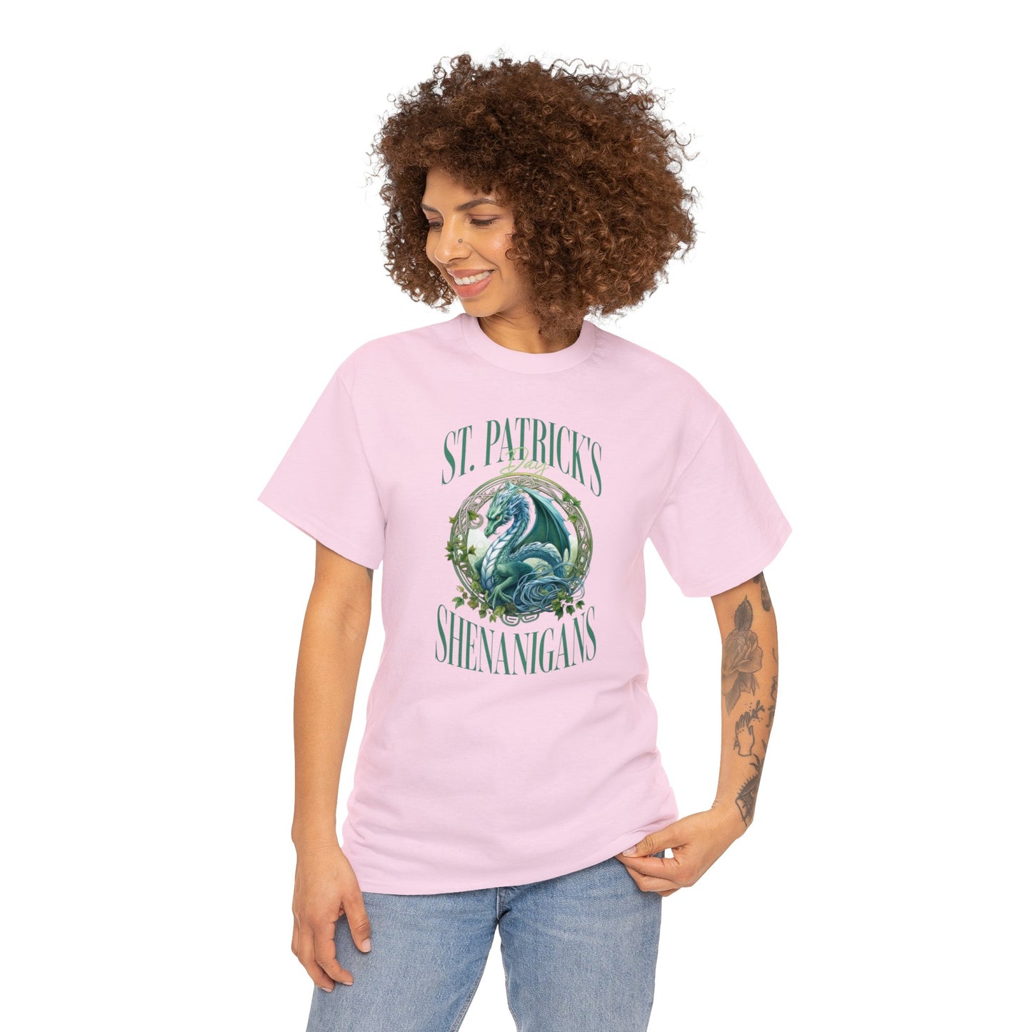 Light Pink Color St. Patrick's T-shirt with a stunning dragon at the center of the graphic surrounded by the words "St. Patrick's Day Shenanigans". Woman Mockup 