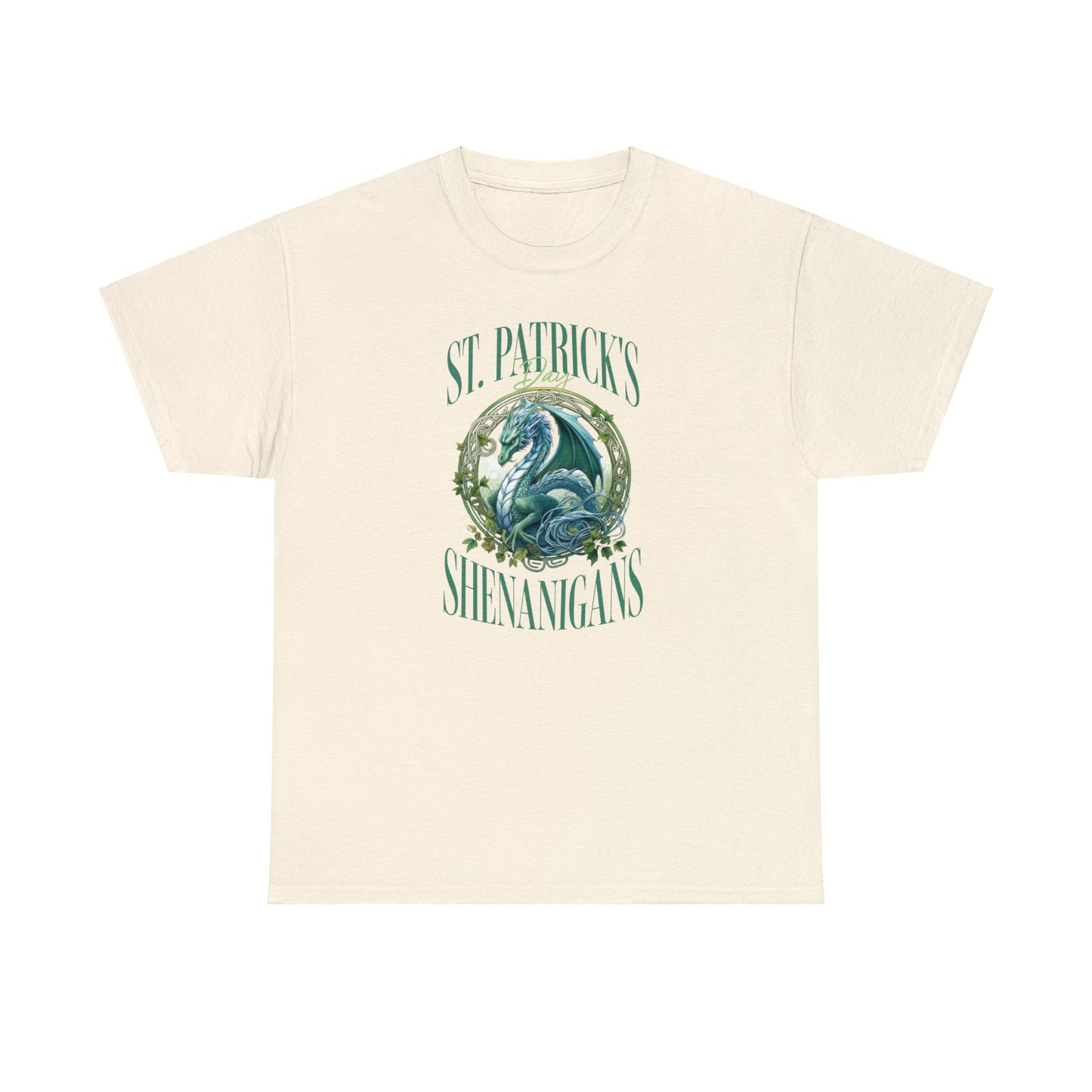 Natural Color St. Patrick's T-shirt with a stunning dragon at the center of the graphic surrounded by the words "St. Patrick's Day Shenanigans".