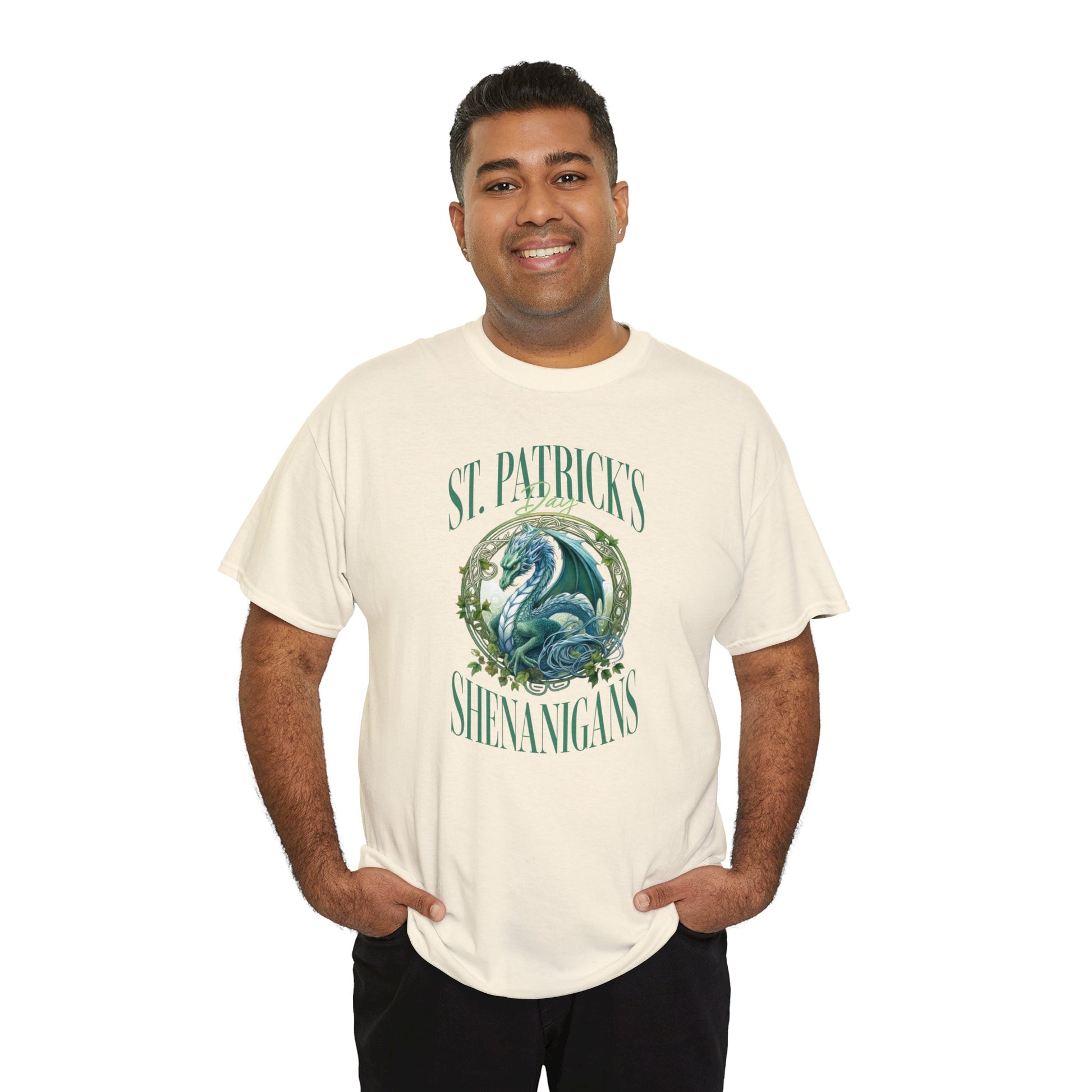 Natural Color St. Patrick's T-shirt with a stunning dragon at the center of the graphic surrounded by the words "St. Patrick's Day Shenanigans". Male Mockup 