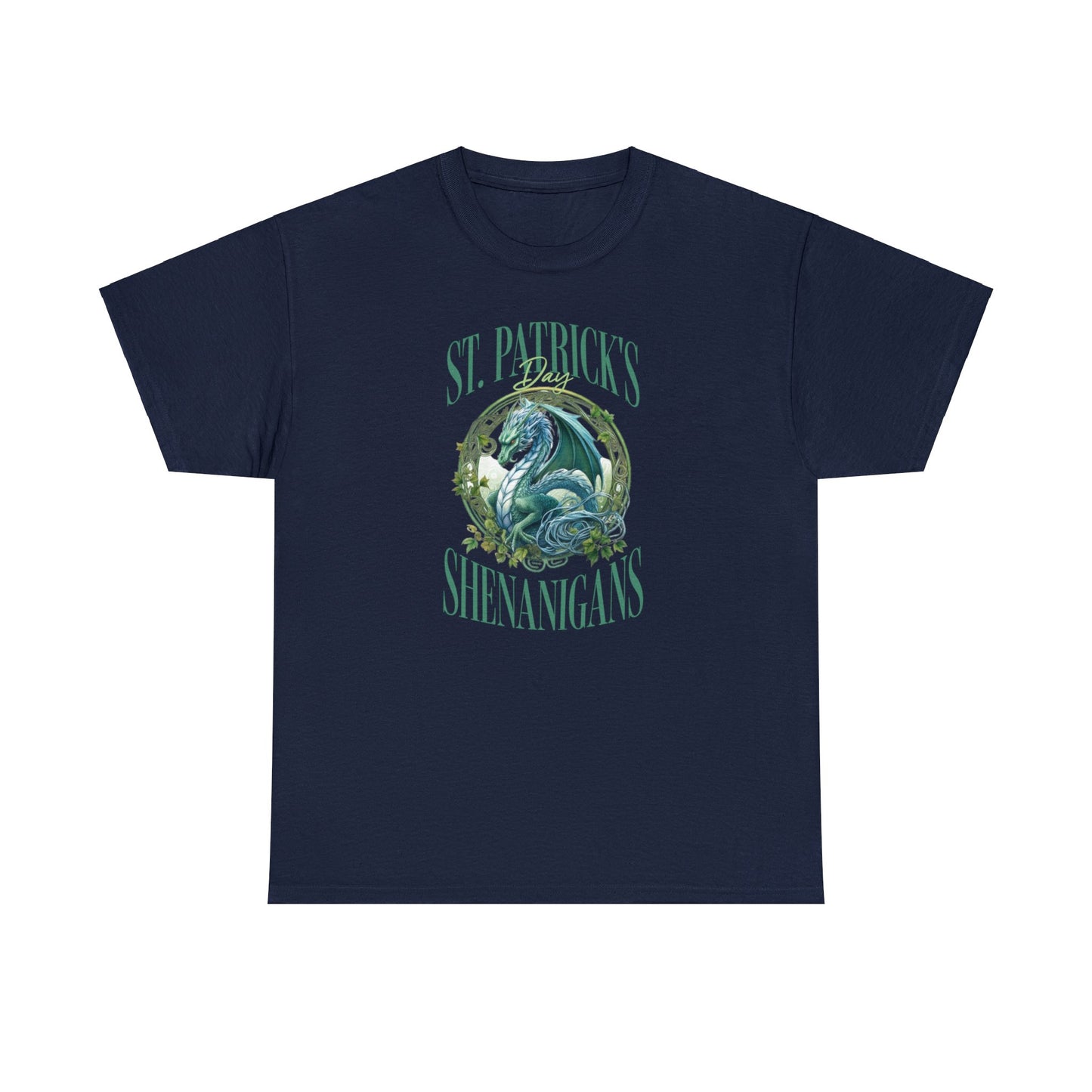 Navy Color St. Patrick's T-shirt with a stunning dragon at the center of the graphic surrounded by the words "St. Patrick's Day Shenanigans".