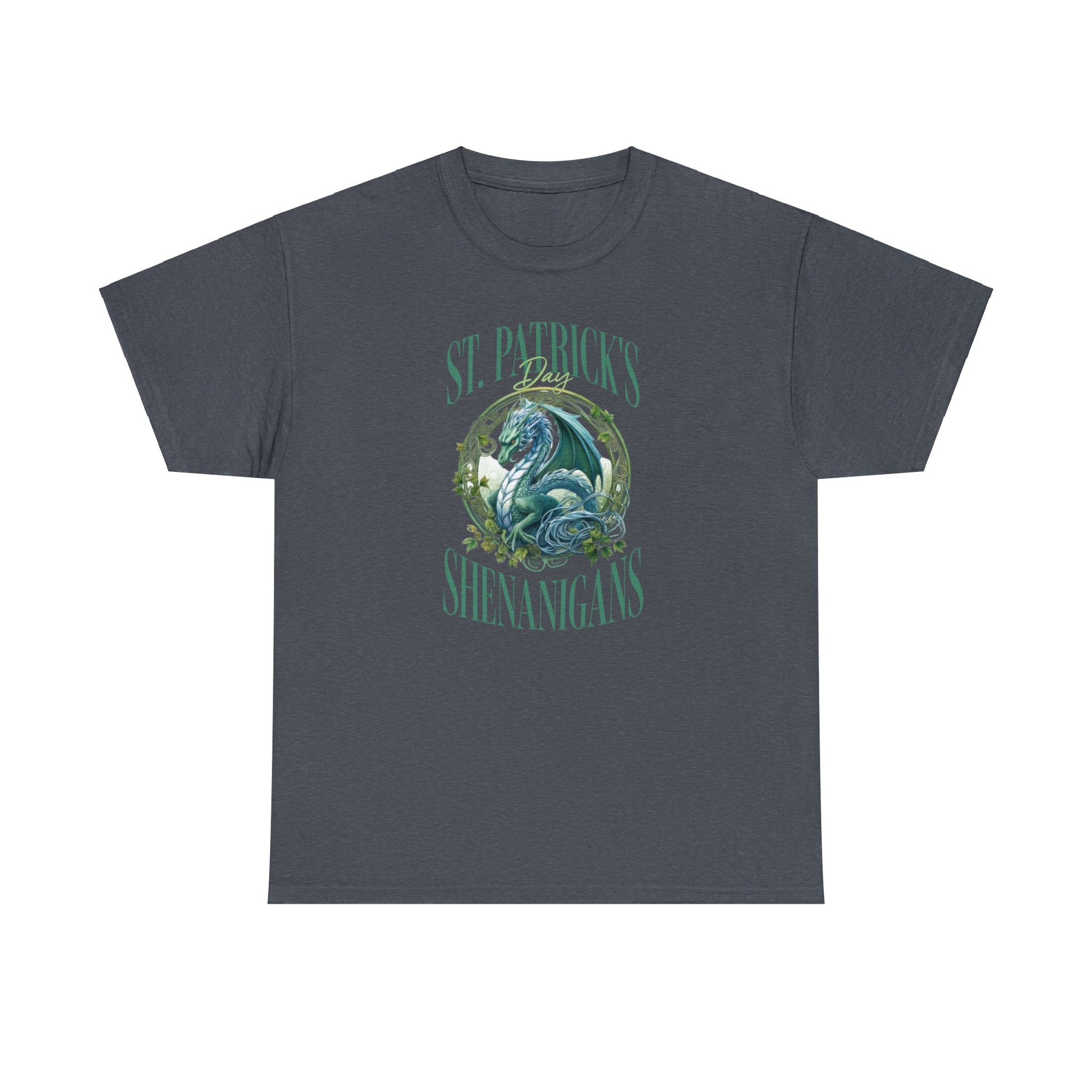 Tweed Color St. Patrick's T-shirt with a stunning dragon at the center of the graphic surrounded by the words "St. Patrick's Day Shenanigans".