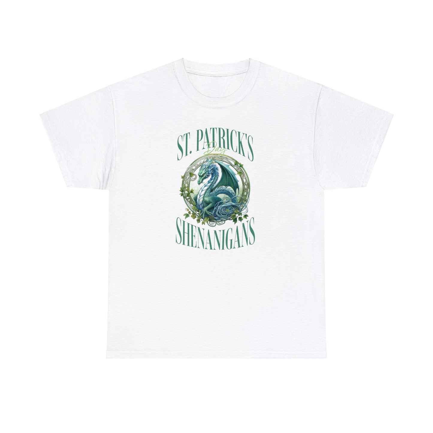 White Color St. Patrick's T-shirt with a stunning dragon at the center of the graphic surrounded by the words "St. Patrick's Day Shenanigans".