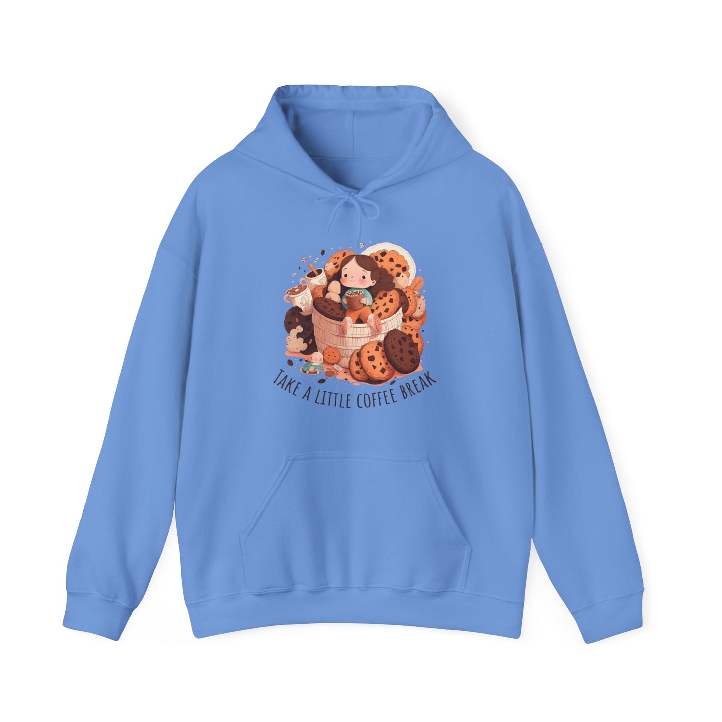 Carolina Blue colored hooded shirt with front graphic.  Cute girl sitting on a basket of cookies holding coffee with two other coffees on one side.  Underneath in an upward curve says "Take a Little Coffee Break".  Back of sweatshirt is plain - no graphic.