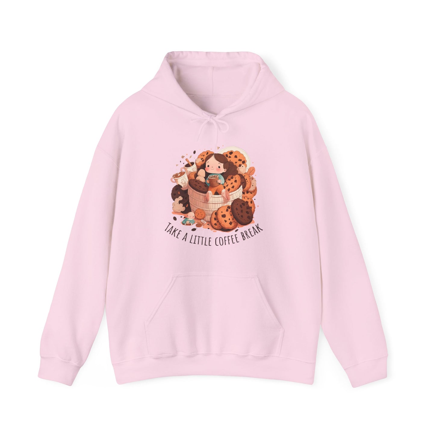 Light Pink colored hooded shirt with front graphic.  Cute girl sitting on a basket of cookies holding coffee with two other coffees on one side.  Underneath in an upward curve says "Take a Little Coffee Break".  Back of sweatshirt is plain - no graphic.