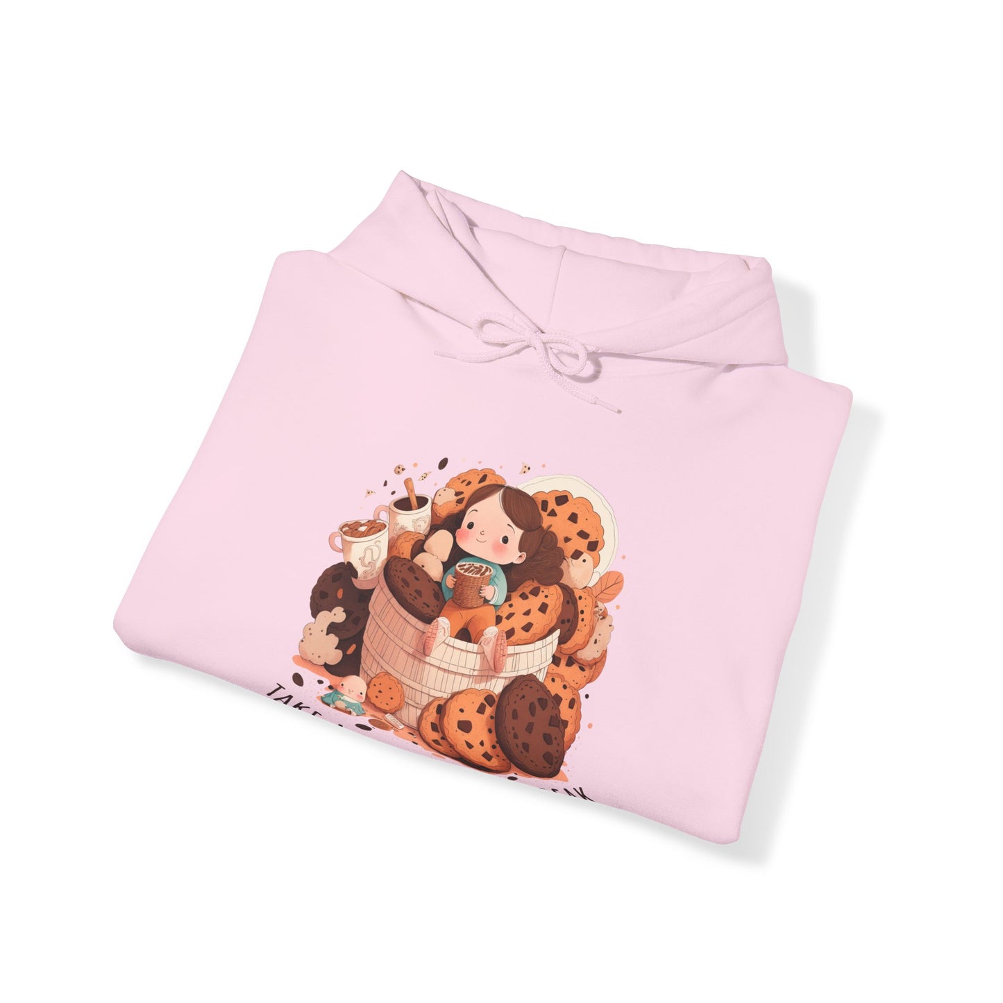 Light Pink colored folded hooded shirt with front graphic.  Cute girl sitting on a basket of cookies holding coffee with two other coffees on one side.  Underneath in an upward curve says "Take a Little Coffee Break".  Back of sweatshirt is plain - no graphic.