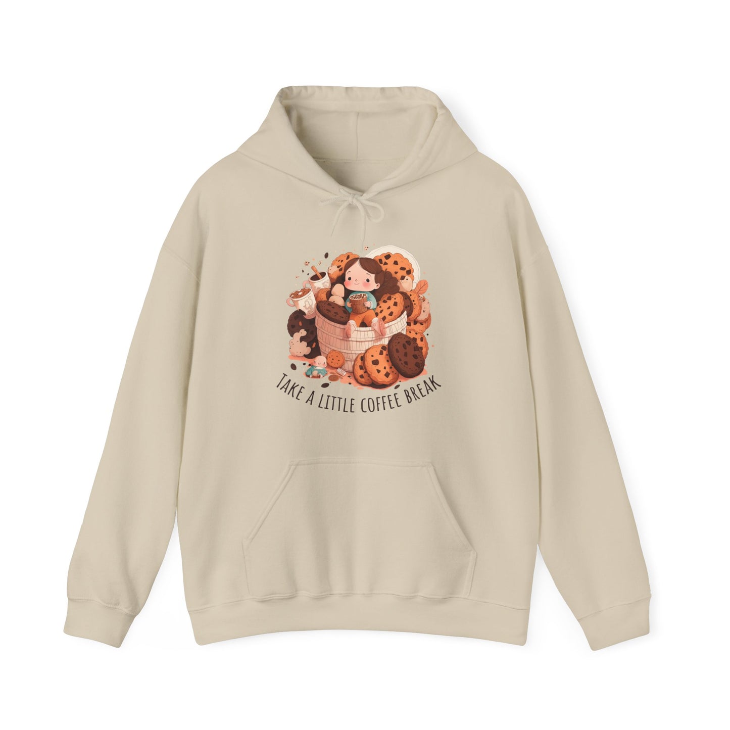 Sand colored hooded shirt with front graphic.  Cute girl sitting on a basket of cookies holding coffee with two other coffees on one side.  Underneath in an upward curve says "Take a Little Coffee Break".  Back of sweatshirt is plain - no graphic.