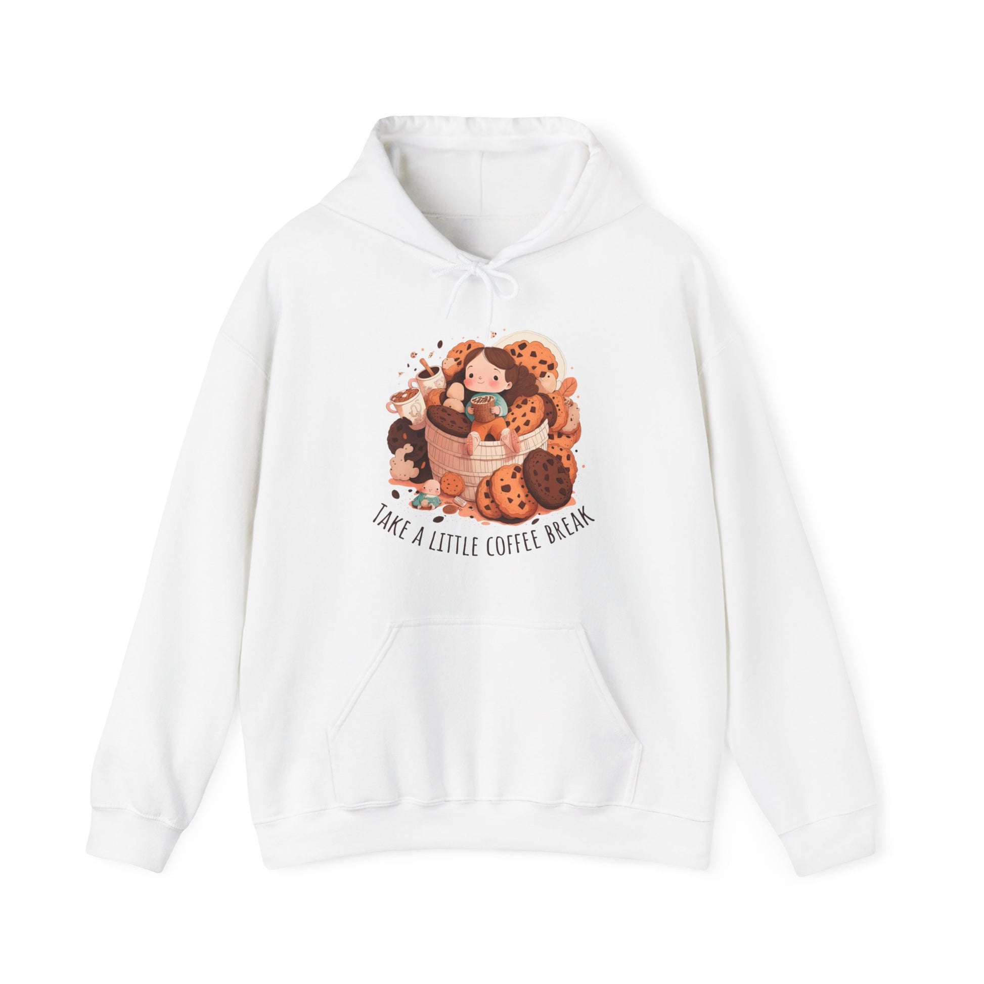 White colored hooded shirt with front graphic.  Cute girl sitting on a basket of cookies holding coffee with two other coffees on one side.  Underneath in an upward curve says "Take a Little Coffee Break".  Back of sweatshirt is plain - no graphic.