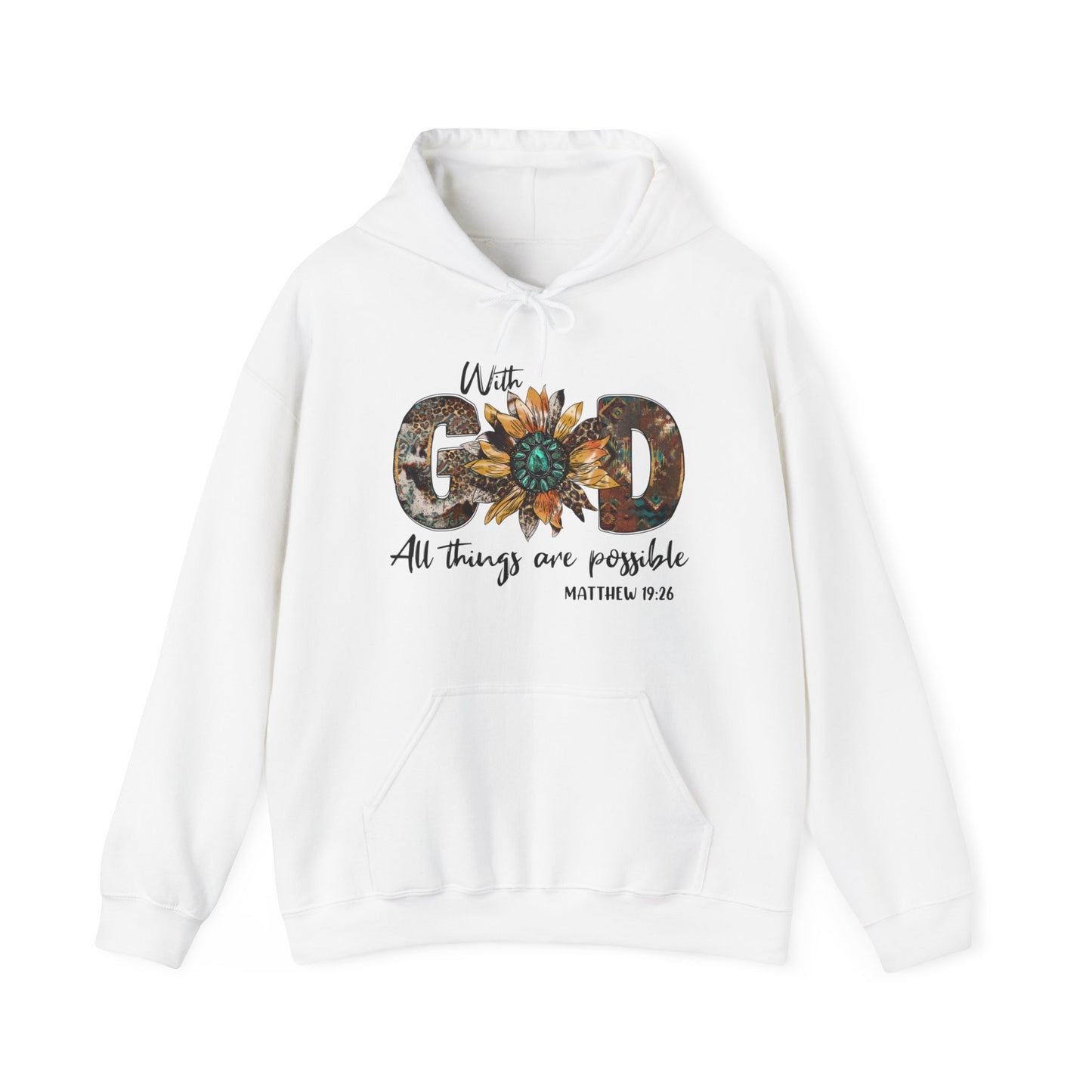 White colored hooded sweatshirt with front graphic.  The focus is the word "God" in capitals in a western rustic style with a sunflower representing the O.  The rest of the words are script and it says "With God All Things Are Possible" Matthew 19:26.  Back of hoodie is plain, no graphic.